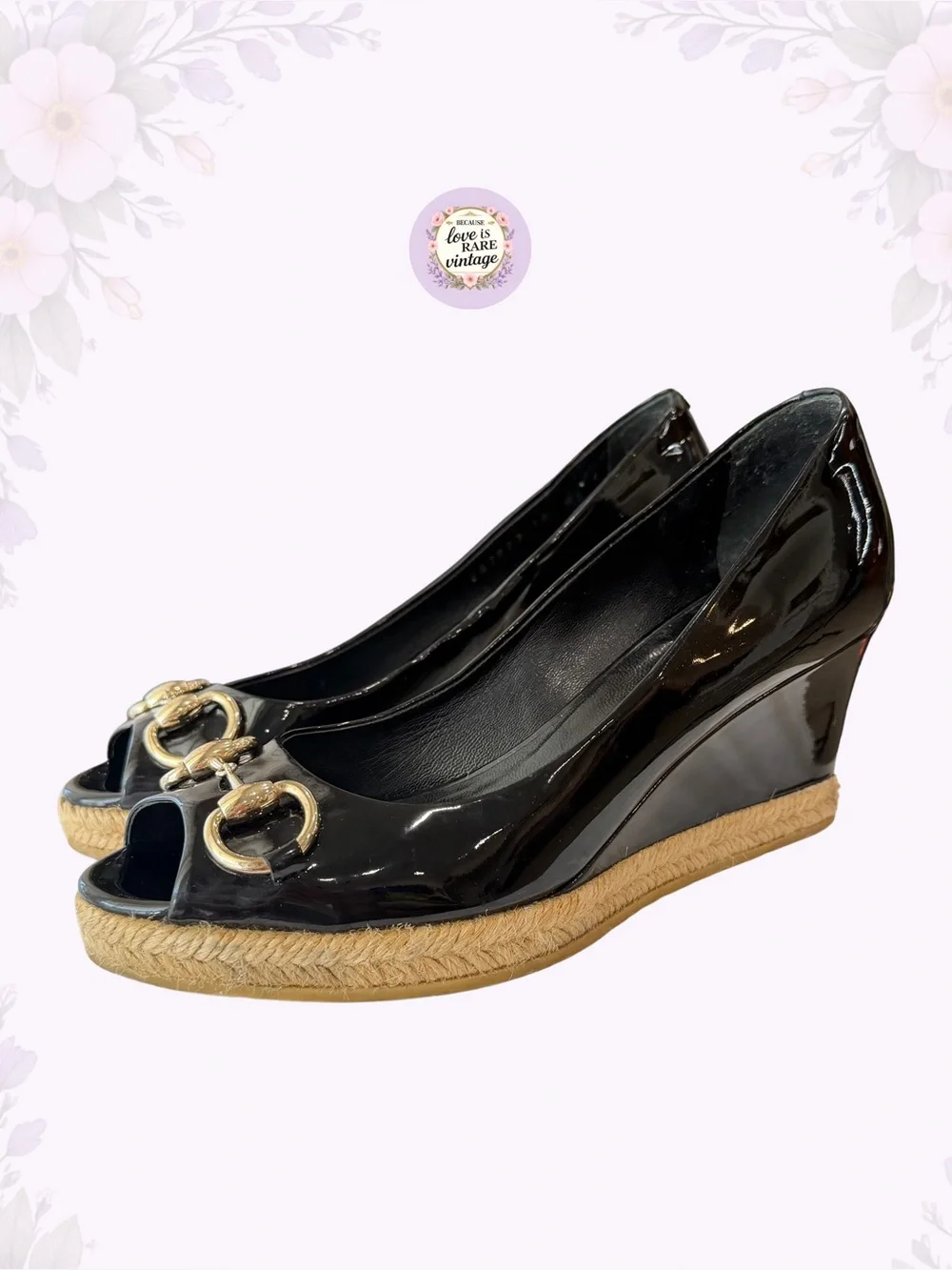 Vintage Gucci Horsebit Espadrille Wedges • Y2K Black Patent Leather Platforms
